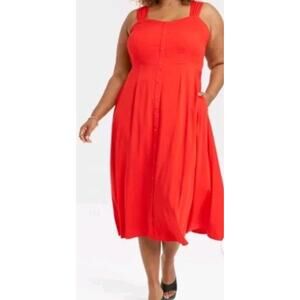 Women's Button-Front A-Line Fit Flare Summer Dress Ava & Viv Red 3X NWT Vacation